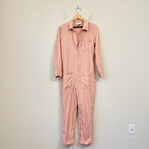 SUNDAY MORNING Isabelle Jumpsuit Musk Pink Linen Utility Button Front